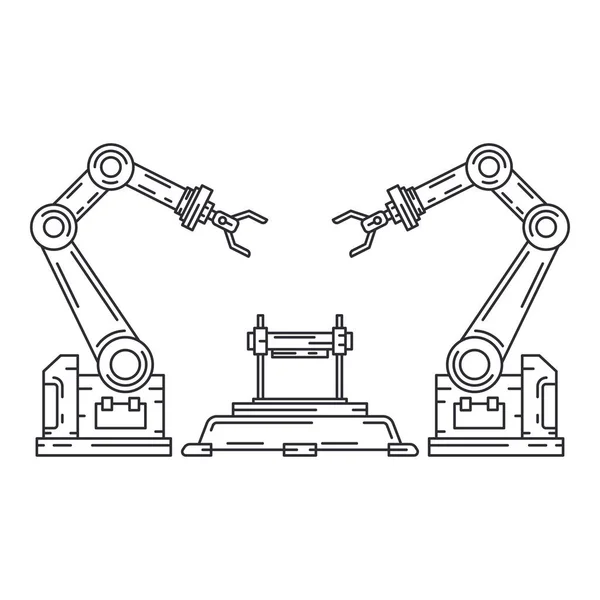 Линейка плоских векторных иконок завод конвейер робота системы руку. Автоматическая промышленность сборки роботизированного оборудования. Технологический процесс глобализации труда. Механик. Иллюстрация, дизайн . Стоковая Иллюстрация