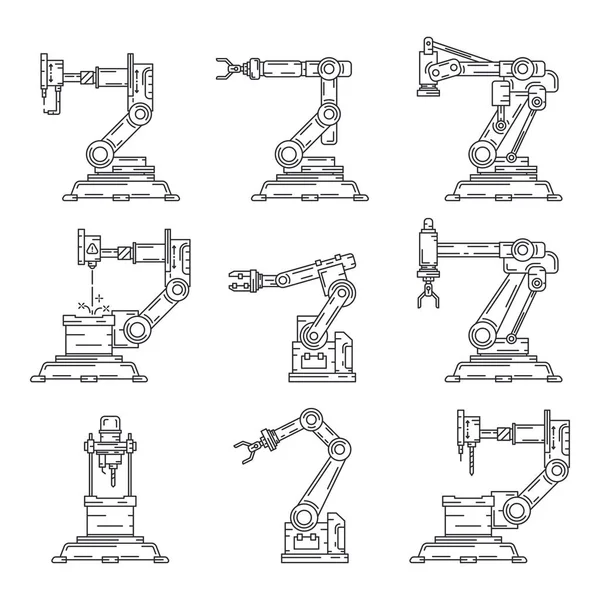 Линейка плоского векторного иконного набора заводской конвейерной системы робота. Автоматическая промышленность сборки роботизированного оборудования. Технологический процесс глобализации труда. Механик. Иллюстрация в стиле мультфильма . Лицензионные Стоковые Векторы