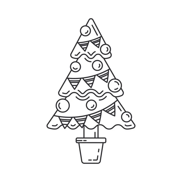 Χριστουγεννιάτικο δέντρο, εικόνα της Πρωτοχρονιάς. Διακοπές Χριστούγεννα χειμώνα μοντέρνα διακόσμηση φόντο. Γιορτή πάρτι, εορταστική εκδήλωση, καρναβάλι στοιχείο κόμμα εικονίδιο. Γραμμικός σχεδιασμός διανύσματος. Εικονογράφηση παλιό αντικείμενο. — Διανυσματικό Αρχείο