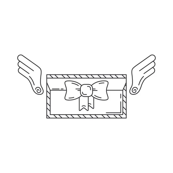 Linienpostkarte mit Schleife und symbolisch Flügeln. Glückwunschschreiben. Party-Feier, Feiertage-Event-Element-Symbol. Kinderglück. Schnäppchenverpackungen. Lineare Vektordarstellung. — Stockvektor