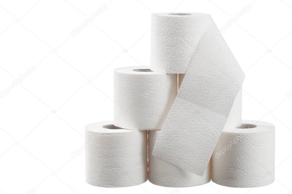 Rolls of white toilet paper on white background