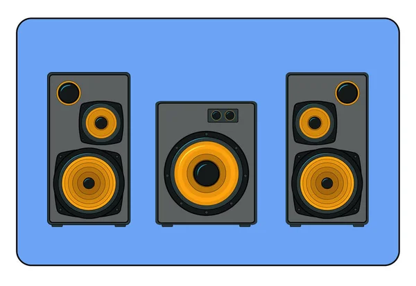 Zwei Stereo Lautsprecher Und Subwoofer Auf Blauem Hintergrund — Stockvektor