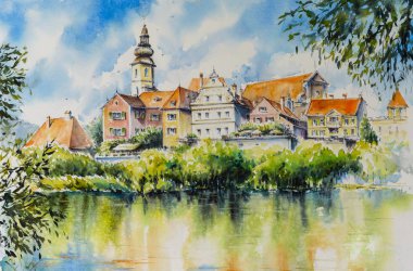 Frohnleiten-küçük şehir suluboya ile oluşturulan Styria,Austria.Picture Mur Nehri üzerinde.