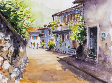  Köy Limone sul Garda Garda Gölü, İtalya mimarisi. Suluboya ile oluşturduğunuz resmi.
