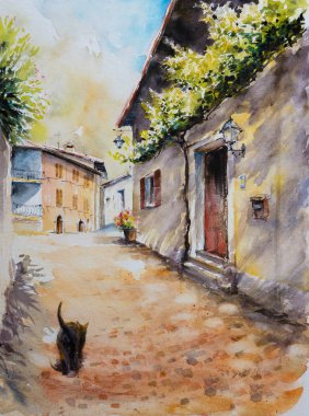  Köy Limone sul Garda Garda Gölü, İtalya mimarisi. Suluboya ile oluşturduğunuz resmi.