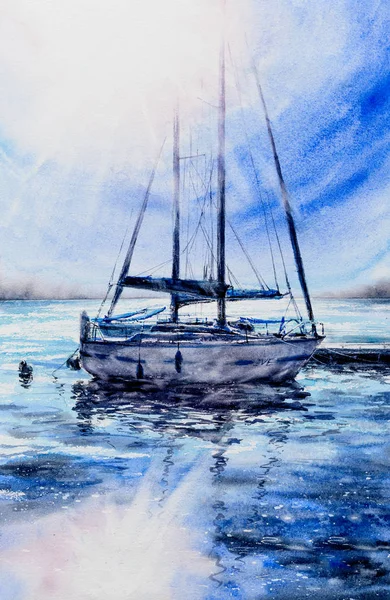 Sailboats Harbour Sun Background Picture Created Watercolors — Stock Photo, Image