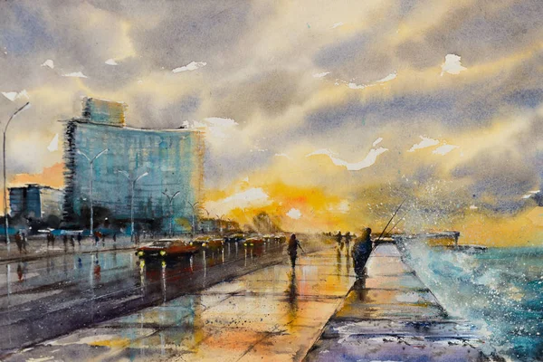 Malecón deniz kenarındaki sete Havana'da waterfront binalar ve deniz manzaralı romantik günbatımında. Suluboya ile oluşturduğunuz resmi.