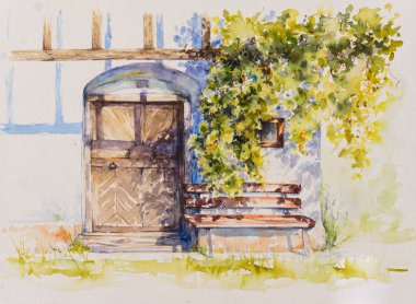 Şarap mahzeni Styria, Slovenya'da eski binasında kapıya. Suluboya ile oluşturduğunuz resmi.