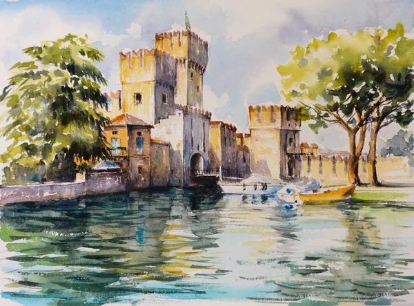 Sirmione Northern Italy Medieval Castle Scaliger Lake Garda Picture Created — Stock Photo, Image