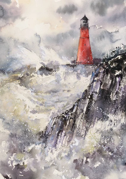 Phare Dans Paysage Tempétueux Photo Créée Avec Des Aquarelles — Photo