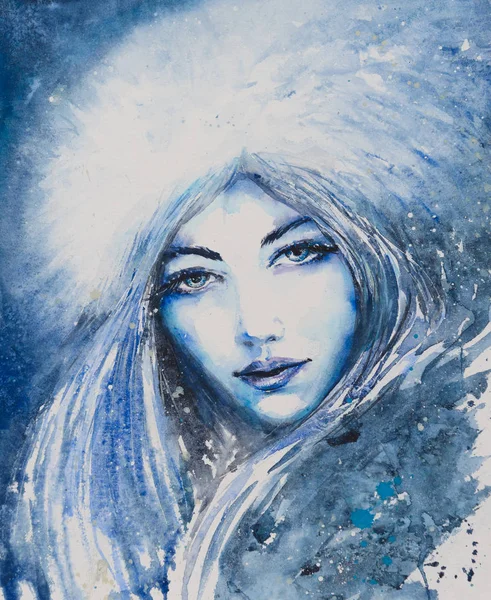 Face Young Woman Depicting Winter Picture Created Watercolors — Stock Photo, Image