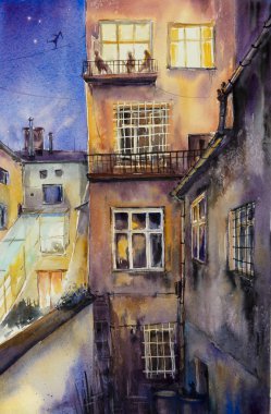 Krakow, Polonya'nın eski avlu gece manzarası. Suluboya ile oluşturduğunuz resmi.