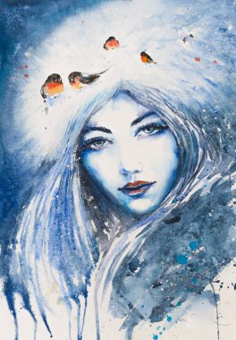 Bir kış tasvir eden genç kadın yüzü. Bullfinches arka planda. Suluboya ile oluşturduğunuz resmi.