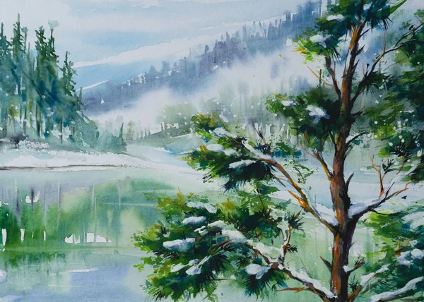 湖と水に映る山々 の冬の風景 紙に水彩で作成された図 — ストック写真