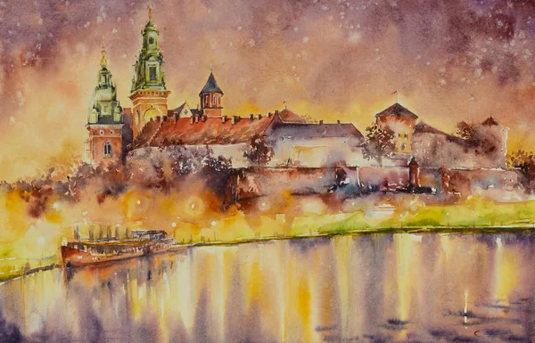 Замок Вавель Над Річкою Вісла Кракові Польща Зображення Аквареллю — стокове фото