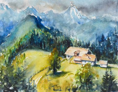 Dağ manzarası ile dağ aralıkları ve foregroud grupta. Suluboya ile oluşturduğunuz resmi.