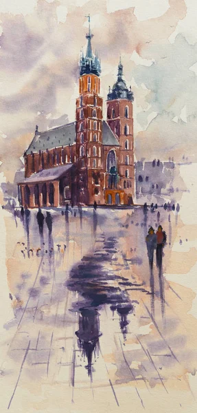 Old Town Kracow Poland Miariacki Church Background Picture Created Watercolors — Stock Photo, Image