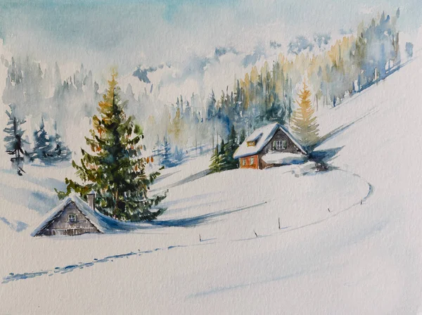 水彩原画冬季山景观和房子覆盖的雪 — 图库照片
