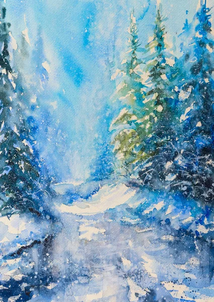 Aquarell Illustration Mit Winterszene Des Zauberwaldes Mit Schnee Bedeckt — Stockfoto