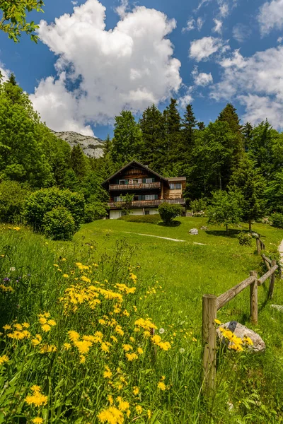 Schönes Traditionelles Holzhaus Den Alpen Inmitten Der Berge — Stockfoto