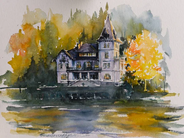 Villa Castiglioni Idylické Podzimní Scéna Jezera Grundlsee Obrázek Vytvořený Akvarely — Stock fotografie