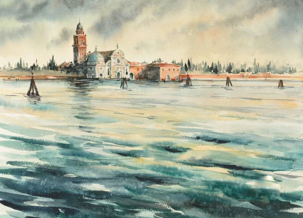 Panorama Della Laguna Venezia Tramonto Immagine Creata Con Acquerelli — Foto Stock