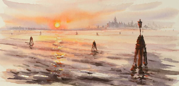 Panorama Venice Laguna Sunset Picture Created Watercolors — Stock Photo, Image