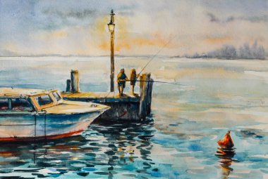Two men fishing at dusk at the pier. Picture created with watercolors clipart