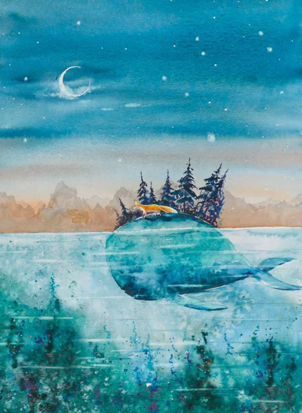 Children Book Illustration Whale Fox Traveling Together Picture Made Watercolors — Stock Photo, Image