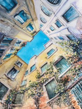 Venedik, suluboya ile oluşturulan Italy.Picture konut ev avlunun alttan görünüm.