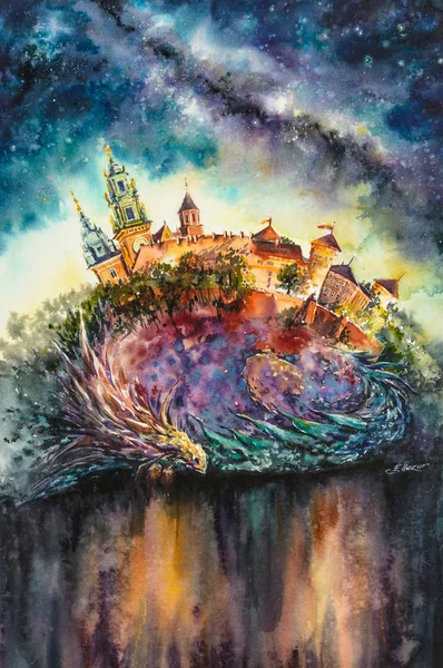 Dragon, Wawel Kalesi altında uyku Lehçe şehir Krakow sembolüdür. Suluboya ile oluşturduğunuz resmi.
