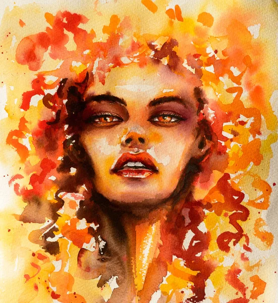 花の巻き毛を持つ美しい少女の顔のイラストには 火の要素が描かれています 水彩絵の具で作成された図 — ストック写真