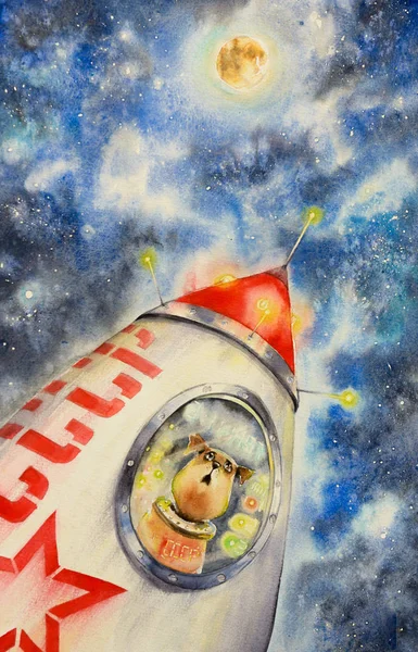 第一个在太空飞船上飞行的狗宇航员 使用水彩画创建的图片 — 图库照片