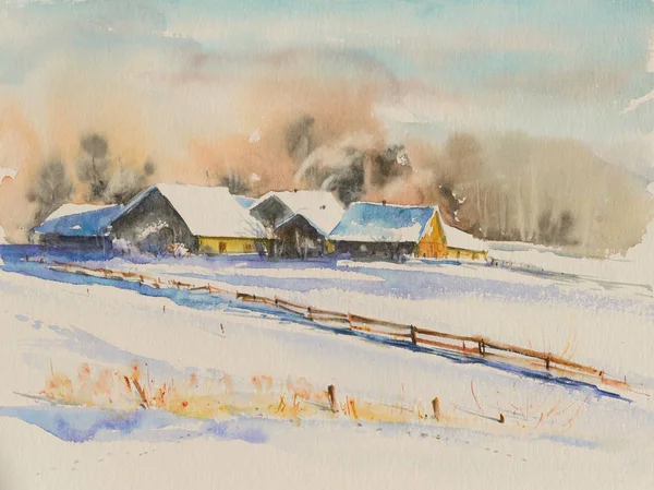 日没の小さな村は 雪で覆われています 水彩絵の具で絵 Creted — ストック写真