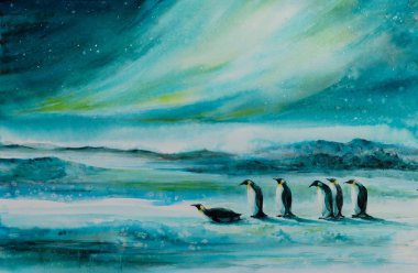  Penguenler buz çöl manzara içinde. Arka plan aurora borealis. Suluboya ile oluşturduğunuz resmi.