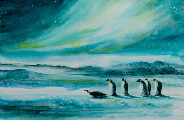 ペンギンが氷の砂漠の風景 背景オーロラボレアリス 水彩絵の具で作成された図 — ストック写真