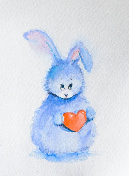 Lindo Divertido Conejo Conejito Sosteniendo Corazón Rojo Ilustración Dibujos Animados — Foto de Stock