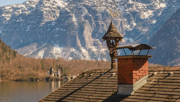 Výhled Nad Střechu Hallstattu Jezero Hory Poloha Vesnická Vesnice Hallstatt — Stock fotografie