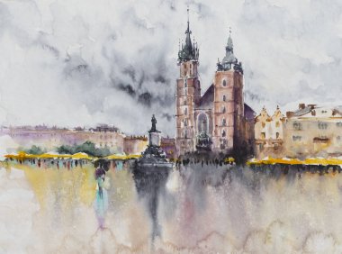 Krakow Old Town ana meydanı, Polonya suluboya boyalı. Krakow Polonya'nın en büyük ikinci ve en eski şehirlerinden biridir..