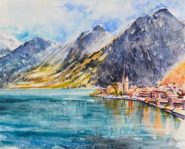 ハルシュタット湖のハルシュタット山の村オーストリア ヨーロッパ水の色で作成された写真 — ストック写真