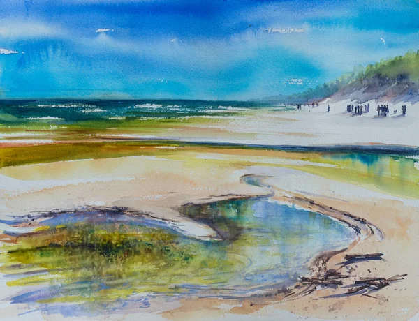 Beautiful Coastline Baltic Sea Sandy Beach Picture Created Watercolors Open — Stock Photo, Image