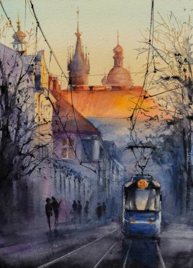 Krakow, Polonya arka planda kale Wawel ile gün doğumunda Mavi tramvay. Resim suluboya ile oluşturulan.