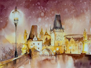Charles Köprüsü, Vltava Nehri 'ni geçen tarihi köprü, Prag, Çek Cumhuriyeti. Resim suluboyalarla oluşturuldu.