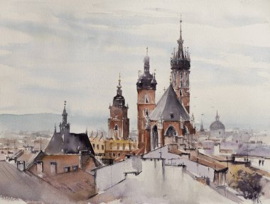 Eski şehir, Krakow, Arka planda Mariacki Kilisesi ile Polonya. Resim suluboya ile oluşturulan.