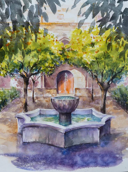 Backyard library in Barcelona with orange trees and a small fountain. Picture created with watercolors.