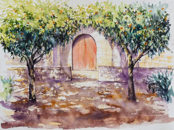 Backyard Library Barcelona Orange Trees Picture Created Watercolors — Stock Photo, Image