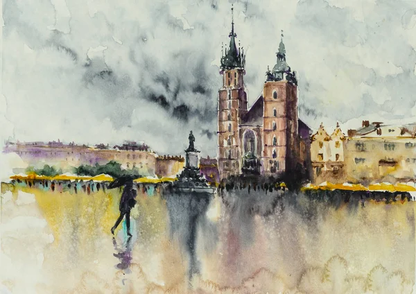 旧市街 クラクフ ポーランド ミアリアッキ教会を背景に 水彩画で作成された画像 — ストック写真