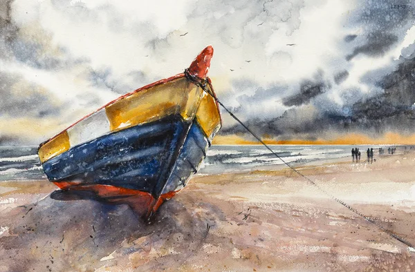 Wooden Boat Baltic Shore Hel Peninsula Poland Picture Created Watercolors — Stock Photo, Image