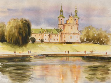 Krakow, Polonya'da Vistula nehri kıyısında, Skalka, Pauline Kilisesi ve St Stanislaw kilisesi olarak da adlandırılan Kaya üzerindeki tarihi Kilise. Resim suluboya ile oluşturulan.