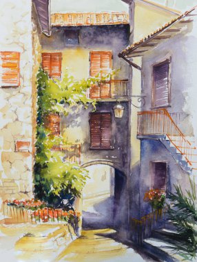 Köy Limone sul Garda Garda Gölü, İtalya mimarisi. Suluboya ile oluşturduğunuz resmi.